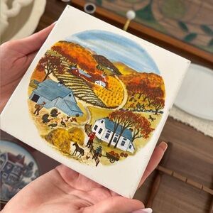 Vintage Farmhouse Autumn Tile Trivet - Scenic Harvest Illustration